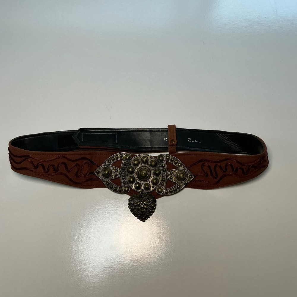 Vintage Wide Waist Belt Brown Embroidered Brass Ornate Buckle Boho M